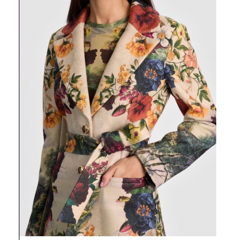 Alice + Olivia Joelle Forbidden Forest Floral Belted Coat Cream Multi | Large
